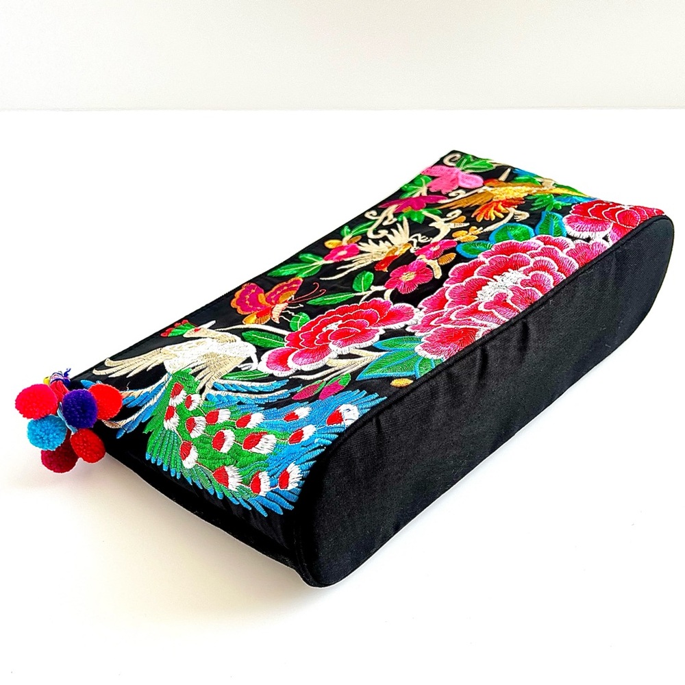 Large Colorful Birds and Florals Embroidered Pom Pom Bag (NWOT) - Picture 7 of 9